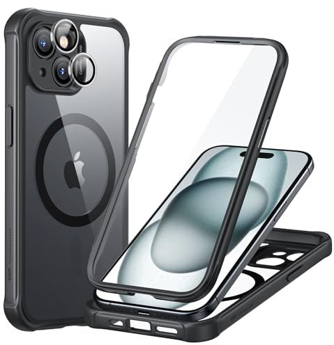 ESR für iPhone 15 Hülle, Kompatibel mit MagSafe, 360 Grad Schutzhülle Stoßfest Militärnorm Magnetische Handyhülle mit Kameraschutz, Klares Schwarz