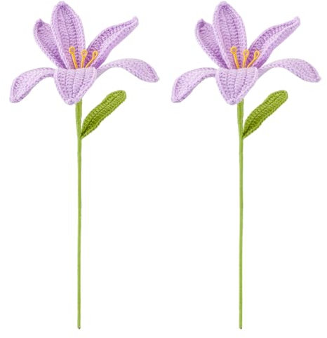 FINGERINSPIRE 2 mazzo di fiori di giglio artificiali fatti a mano in cotone lavorato a maglia con filo di ferro, fiori finti di giglio lilla all'uncinetto per la decorazione della casa di nozze,