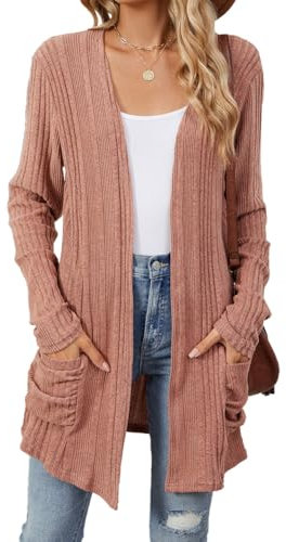 GRMLRPT Gilet Femme Long Drapé Ouverte Devant Décontracté Veste Femme Longue Cardigan Léger Long Femme Manches Longue(Rose,XL)