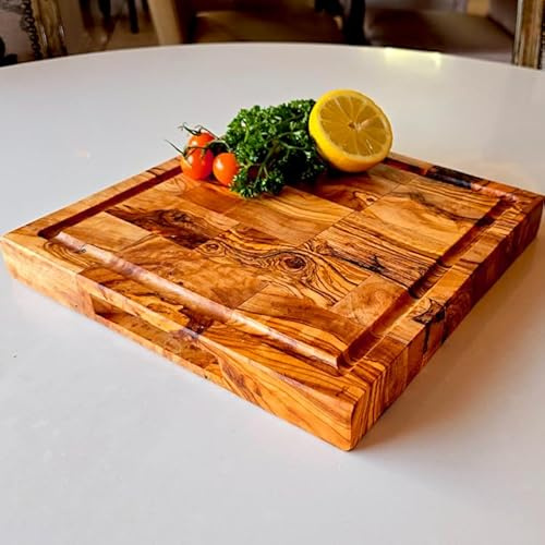 Premium-Schneidebrett aus Olivenholz, dick, langlebig und umweltfreundlich, Schneideblock mit Saftrille, perfekt für Küche, Käse und Wurstwaren, schöne natürliche Oberfläche, 25 x 25 cm