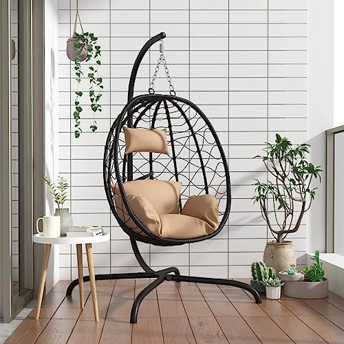 Wenjnigqi-360047 Hängesessel aus Stahl und Polyrattan mit Kissen in Taupe