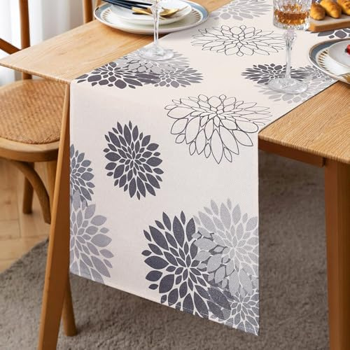 Inhobbok Tischläufer Hellgrau Dahlie Blume Leinen Modern Attraktiv Bauernhaus Geometrischer Tisch Mitte Dekor für Wohnzimmer Essparty Terrasse Tischläufer 33x183cm