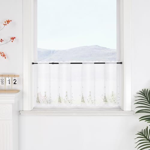 SCHOAL Scheibengardine mit Lochleiste Bistrogardine mit Stickerei Scheibenvorhang mit Weihnachtsbaum Transparent Vorhang Voile Kurzgardine Weihnachten 1 Stück HxB 30x120 Weiß
