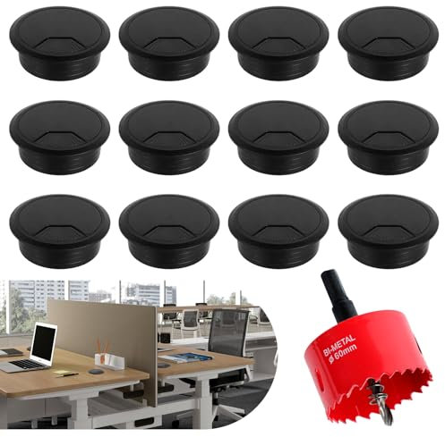 12 Pezzi Passacavi Scrivania, 60mm Tappo Scrivania Passacavi, Tappo per Scrivania Buco fili, Tappo Passa Cavi da Scrivania, Passacavi Rotondo per Fili Computer, Mouse, TV, Telefono, nero