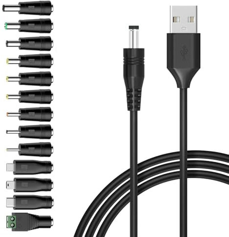 USB to 5V DC Power Cable, 1.5M Universal 5V USB Power Chager Cord DC 5.5 X 2.1mm Plug Adapter with 13 interchageable DC Connectors 5.5x 2.5mm Type C Mirco USB Mini USB and more