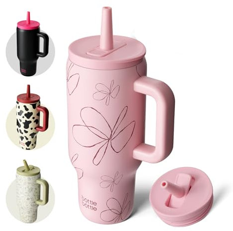 BOTTLE BOTTLE 30 oz Tumbler with Lid and Straw, Stainless Steel Travel Mug, Tumbler with handle, Water Bottle with straw for College, Gifts for Women Office Ice Coffee (Pink Flower)