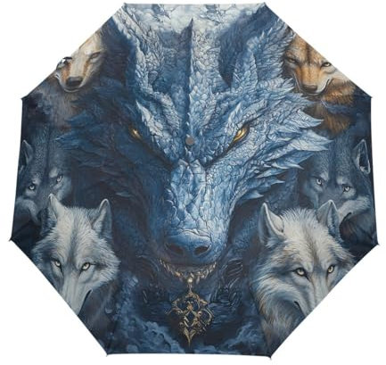 GAIREG Reise-Regenschirm, Motiv: Drache, umgeben von Wölfen, automatisches Öffnen, Schließen, zusammenklappbar, kompakt, leicht