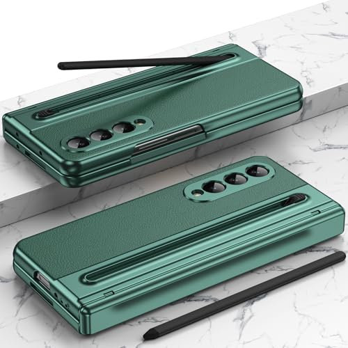 pour étui Galaxy Z Fold4, étui Samsung Fold 4 avec Protection de charnière + Protecteur d'écran, étui de téléphone en Cuir pour Samsung Galaxy Z Fold4 avec Support S Pen-Vert