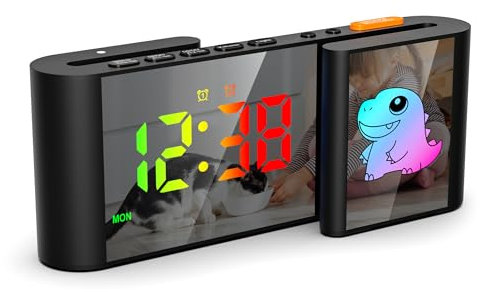 Euakee Wecker Digital, Wecker Kinder mit Niedlicher Dinosaurier, S-förmig LED Uhr Digital, 11 Farben Cartoon, Dimmbar, Lautstärke, Schlummer, Nachtlicht für Nachttisch,Schlafzimmer,Room Dekor(Schwarz)