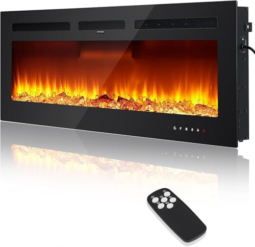 Elektrokamin 3D Wandkamin Elektrischer 60（152cm） Kamin mit Heizung 12 Farbmodi LED Flammeneffekt, 900/1800 W Kaminofen Wand und Einbaukamin Wandmontage Heizung App-Funktion Fernbedienung Schwarz