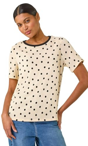 Roman Originals Textured Spot Stretch Top for Women UK - Ladies Everyday Autumn Winter Round Neckline Comfy Soft Evening Vacation Work Party Night Out - Ivory - Size 10