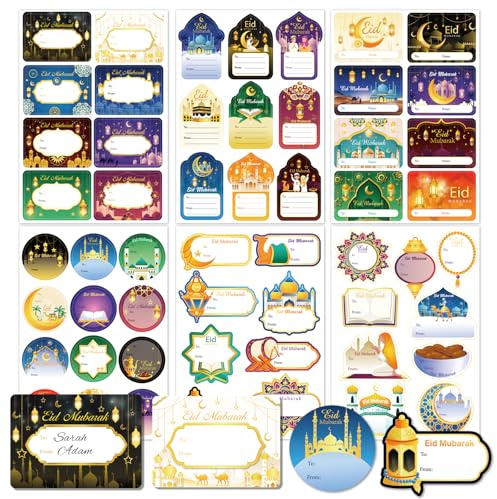 HOWAF 18 Bögen-162pcs Namensaufkleber Eid Mubarak Aufkleber, Eid Mubarak Sticker Etiketten Selbstklebend Aufkleber zum Beschreiben für Eid Mubarak Geschenke Tüten Geschenkbox Deko Muslim Islam Party