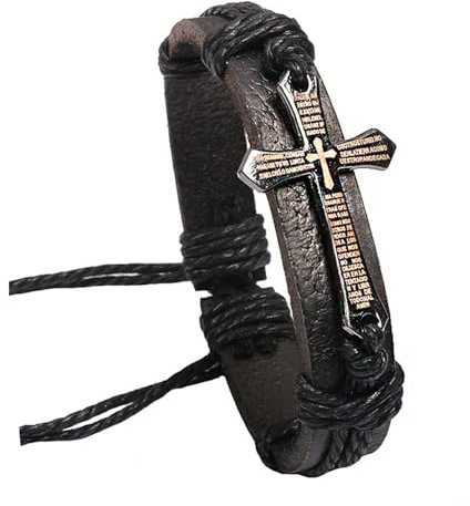 our fave Lederarmband mit Leder und Kreuzen für Gebetsmeditationen Elegantes katholisches Armband, 17.5*2.2cm, Metall, Kein Edelstein