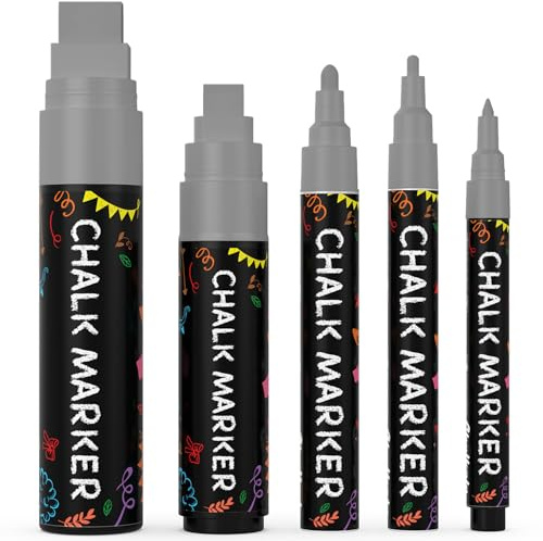 Chalkola 5 Graue Kreidestift für Tafel Abwaschbar, Kreidemarker Multipack | Fein, Bold & Jumbo Spitze, Chalk Marker - 1mm, 3mm, 6mm, 10mm, 15mm - Kreidestifte für Fenster, Glas, Auto, Spiegel & Bistro