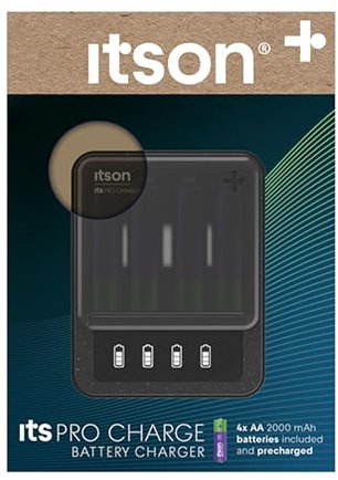 itson Chargeur de Piles, itsPRO Charge Ni-MH USB-C vers USB-C, 4 Piles AA (2000 mAh), Temps de Charge de 4 h 45 Min, écran LCD, détection des Piles alcalines ou défectueuses, Mode économie d’énergie