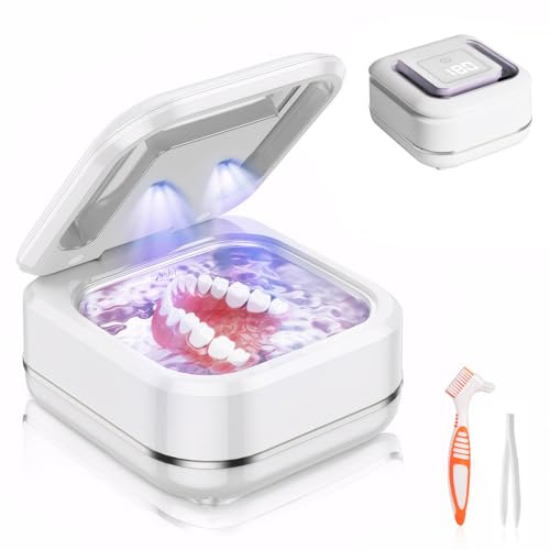 Ultrasonic Retainer Cleaner, 45kHz Ultrasonic Denture Cleaner Machine with UV-Light, Portable Professional Cleaner for Retainer Aligner Mouthguard Nightguards Toothbrush Heads Jewelr (White)