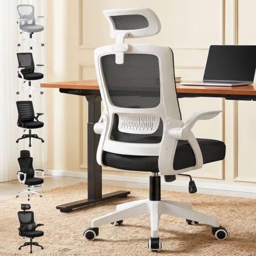 ELFORDSON Ergonomic Office Chair, Mesh Desk Chairs with Headrest Lumbar Support, Executive Computer Swivel Chairs with Flip-up Armrests, Comfy Seat, Height Adjustable, Rocking for Home, Black & White