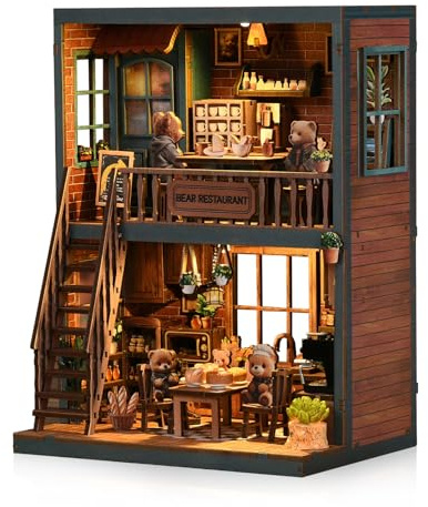 GuKKK DIY Book Nook Kit, 3D Holz Puzzle & Buchstütze mit LED-Licht, Kreative Bücherregal Dekoration, Miniatur Haus Holzpuzzle, Licht Kreatives Geschenk für Leser (Little Bear Bistro)