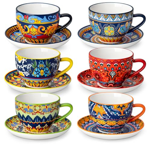 vancasso KRVI Cup and Saucer Set of 6, 8oz/240ml Porcelain Coffee Cup Set | Coffee Mug Set, Espresso Cup, Cappuccino Cup, Suitable for All Kinds of Drinks, Microwave & Dishwasher Safe