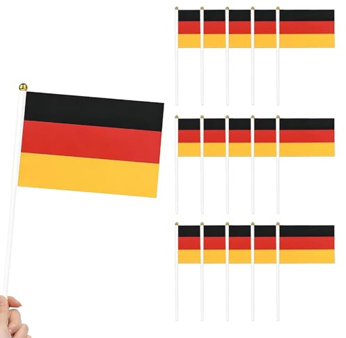 Vordpe Lot de 15 drapeaux allemands avec bâton - 14 x 21 cm - Mini drapeaux à main - Petit drapeau de l'Allemagne - Pour décoration de fête de football 2026