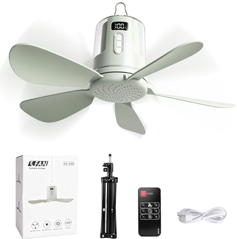 40cm Deckenventilator Akku, 12000mAh wiederaufladbarer Ventilator Lampe Decke mit Fernbedienung & LED Licht, 4 Windstufen und Zeitschaltuhr Leiser Deckenventilator für Hausgebrauch and Freien