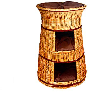 Panier en osier à trois étages pour animal domestique - Couleur osier naturel - Oreillers marron foncé