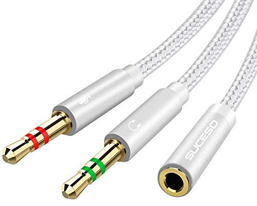 SUCESO 1M Cable Adaptador Jack Hembra 3.5mm a Jack Doble Macho para Auricular Micrófono Separadas 3.5mm Cable Splitter Divisor 3.5mm Hembra para PC,Xbox One,Auriculares,Gaming Headset o Laptop-Plata