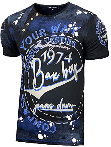 Baxboy Herren Verwaschen Vintage Used Look Rundhals T-Shirt Kurzarm Hemd Slim Fit Design Fashion B-145, Farbe:Schwarz, Größe:XL
