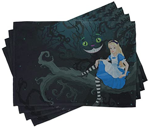 ABAKUHAUS Alice im Wunderland Platzmatten, Alice Und Chescire Cat in Der Dunkelheit Karikatur Art Digital Druck, Waschbare Stoff Esszimmer Küche Tischdekorations Digitaldruck, Schwarz Petrolblau