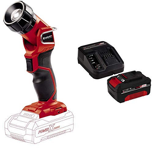 Einhell TE-CL 18 Li H-Solo Lampada a Batteria, Rosso + Power-X-Change Starter Kit, Caricabatteria e Batteria da 4000 mAh Li-Ion, Nero, Rosso