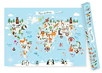 Friendly Fox Kinderweltkarte, Meine Weltkarte Poster inkl. Geschenkverpackung, XXL Kinderzimmer Poster, DIN A1 die Welt Lernposter Wand, Tier Weltkarte Poster