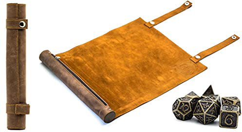 World of Dice Würfelmatte für Pen and Paper - aus Kunstleder, zum Rollen, mit Aufbewahrung für polyedrische Würfel, ideal für DND, DSA, UVM. (braun, Combi (mit Würfel))