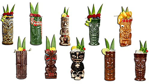 Vinbcorw Tiki Mugs Set bicchieri tiki tiki mug set bicchieri cocktail graziosi bicchieri da cocktail esotici, Tiki Bar professionale per feste hawaiane/Set di 10,As shown