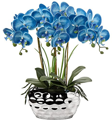 Briful Orchidee artificiali da 45,7 cm, orchidea Phalaenopsis blu con vasi in ceramica argentata, orchidea finta per casa, ufficio, bagno, soggiorno, decorazione da tavolo