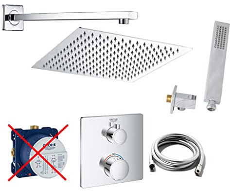 vanvilla Duschsystem mit Unterputz Duscharmatur von Grohe Grohtherm 2-Wege Thermostat und vanvilla Regendusche mit Armatur mit Thermostat, Duschkopf eckig, Dusch-SET G09-ob poliert