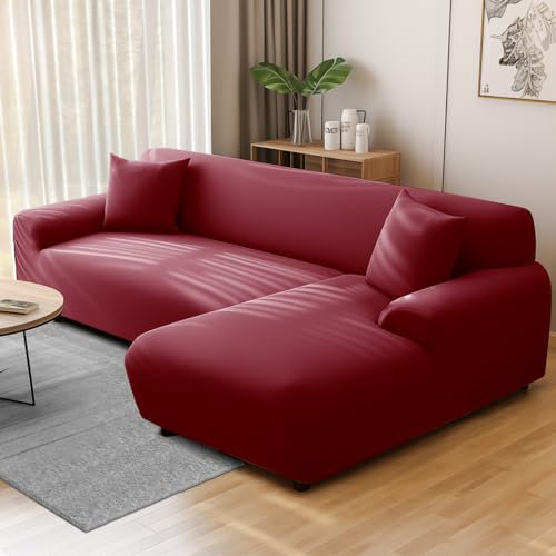 NAKIHOUSE Sofa Überwürfe Sofabezug mit einem Kissenbezug, Stretch elastische Sofahusse Sofa Abdeckung in Bordeauxrot Farbe für 1/2/3/4 Sitzer（L-förmiges Ecksofa erfordert Zwei）