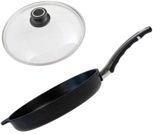BAF Bratpfanne Ø 28 cm mit Deckel (Set) - flacher Rand - große runde beschichtete Pfanne beschichtet Aluminiumguss - ohne Induktion - Made in Germany