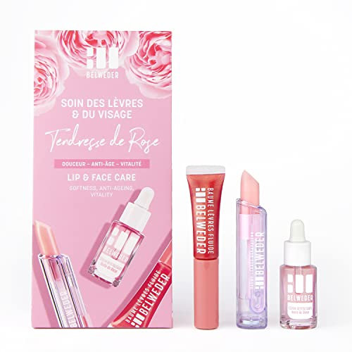 BELWEDER - Coffret Soin des Lèvres et du Visage Tendresse de Rose - 1 Sérum Revitalisant + 1 Stick à Lèvres + 1 Baume Fluide - Huile de Rose de Damas