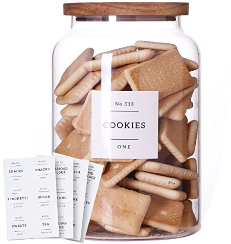 Barattolo grande per biscotti in vetro da 1 gallone con coperchi ermetici in acacia, grandi contenitori per alimenti con 42 etichette impermeabili da cucina prestampate, in vetro trasparente per