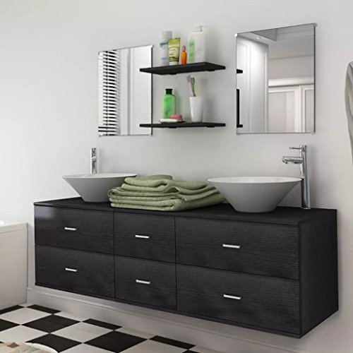 Leepesx Juego de muebles de baño con lavabo y grifo, lavadero doble, mueble de baño, mueble colgante, mueble completo, lavabo, armario de baño, color negro