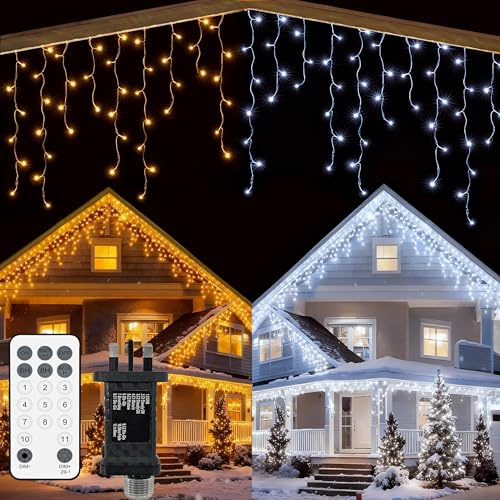 YOSION 500 LED Icicle Lights Curtain String Light, 15M/49ft with Remote Control & Timer, Warm White to White Color Changing, for Indoor & Outdoor, Christmas, Halloween, Gazebo, Eaves, Stairs Decor