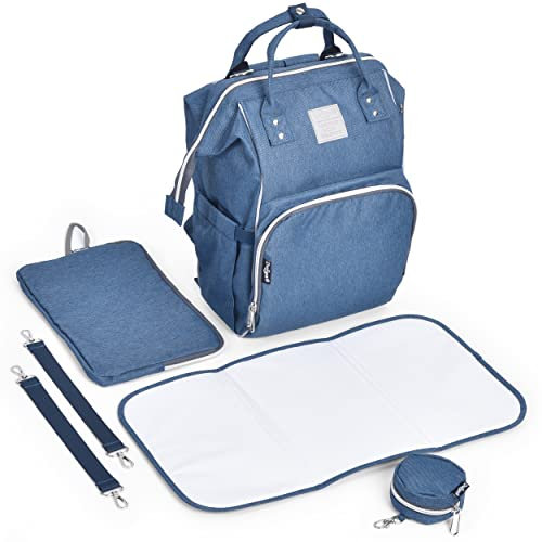 Daliya® PAKMI Wickelrucksack mit Schnullertasche & Wickelunterlage & Wickelunterlagentasche & Schlüsselanhänger - Wickeltasche Mamabag Tasche Rucksack mit viel Stauraum - Jeansblau