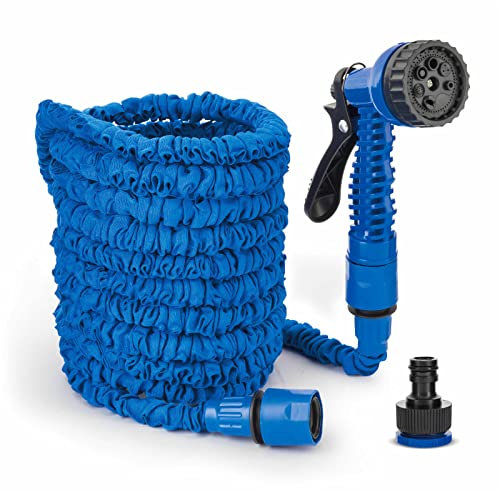New Expandable Garden Water Hose Pipe 50FT with Nozzle & Full Fittings 7 Function Spray Gun Nozzle to Water Plants Garden Extra Strength Flexible Lightweight Leak Proof & Kink Free Garden Hose (Blue)