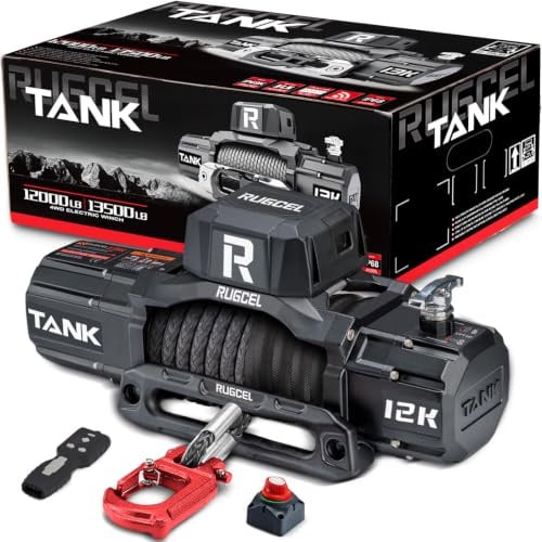 RUGCEL WINCH Elektrische Seilwinde 5443 kg (12000 lbs), 12V DC, IP67 Wasserdicht, Synthetikseil Schwarz, Hawse Fairlead, 2-in-1 Infrarot-Fernbedienung, für LKW SUV Off-Road