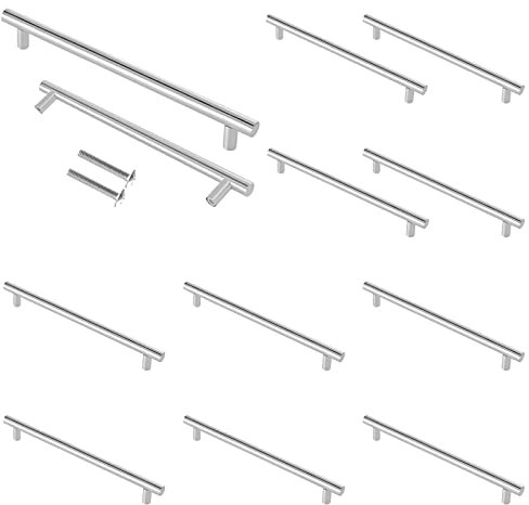 Cjueiom 12 Pack Brushed Nickel Cupboard Handles 128mm Hole Center T Bar Handles, Stainless Steel Drawer Long Wardrobe Door Pulls, 200mm Length Kitchen Cabinet for Drawer