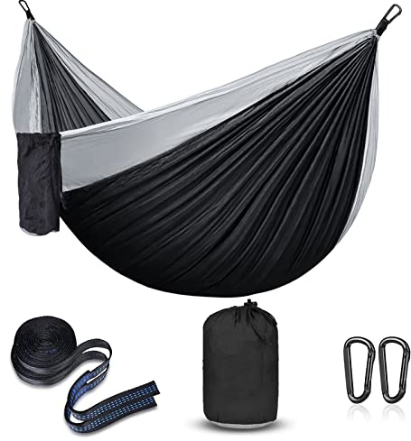 Hamac d'extérieur de Camping- Ultra-léger, léger Portable Nylon Respirant Durable Hamac avec Sangles d'arbre pour intérieur Balcon, Extérieur Camping, Randonnée Sac à Dos Hamacs (Noir/Gris)
