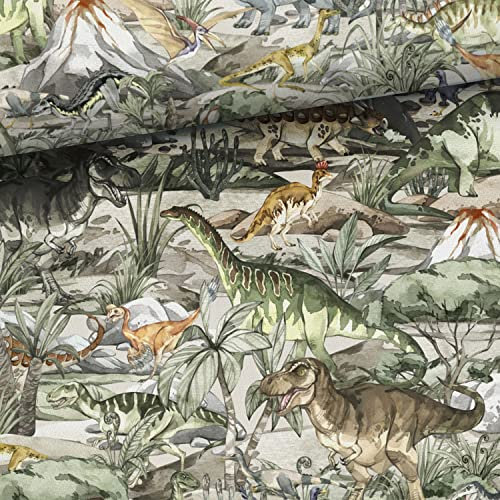 Keine Meterware, Stoffe zum Nähen, Stoff für Kinder, 95% Baumwolle: 0,5m French Terry Sweat Stoff mit Dinosaurier - Jungen Dinos Sommersweat Kinderstoff mit Tiere - Dinoland