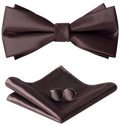 HOULIFE Fliege Herren Set - Verstellbare Fliege aus Satin Polyester Vorgebunden Fliege, einfarbige Einstecktuch, Manschettenknöpfe Set für Bräutigam Hochzeit formal mit Geschenkbox, Braun