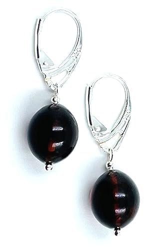 Boucles d'oreilles en ambre de la Baltique véritable pour femme en argent sterling – Boucles d'oreilles pendantes en ambre (noir)