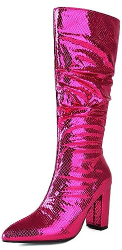 Stivali da Equitazione con Tacco Alto plissettati Metallizzati Scintillanti da Donna, Stivali Alti al Ginocchio in Pelle di Serpente Metallizzata con Tacco a Punta a Punta,Rose Red,44 EU